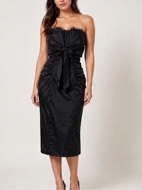 Cache Black Strapless Ruched Bow Front Midi Cocktail Dress Size 10 Vintage